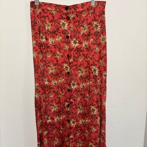 Van Heusen Women Red Floral tan Button down Front Long Skirt medium maxi 80’s